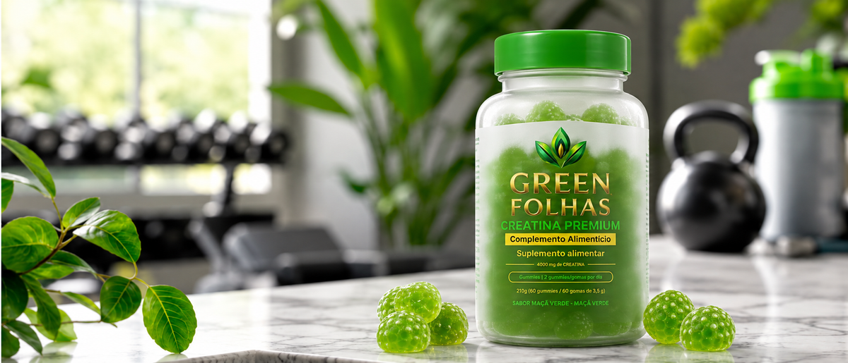 Creatina en gominolas Green Folhas junto a material de entrenamiento