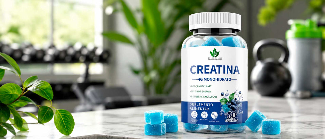 Creatina en gominolas Green Folhas junto a material de entrenamiento