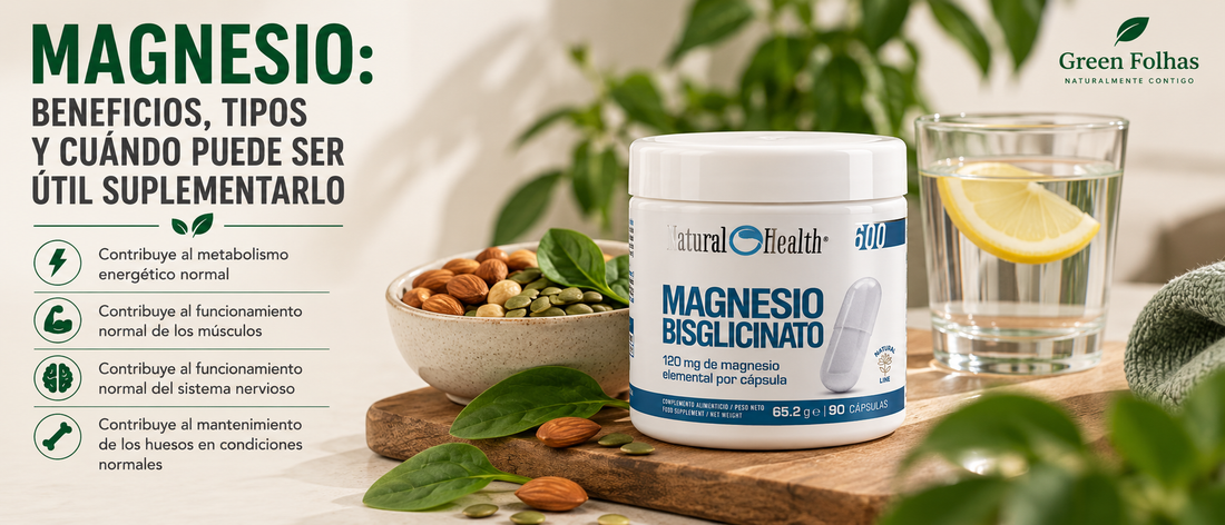 Glicinato de magnesio Green Folhas junto a alimentos ricos en magnesio