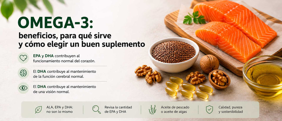 Alimentos ricos en omega-3 con salmón, nueces, semillas y cápsulas de suplemento