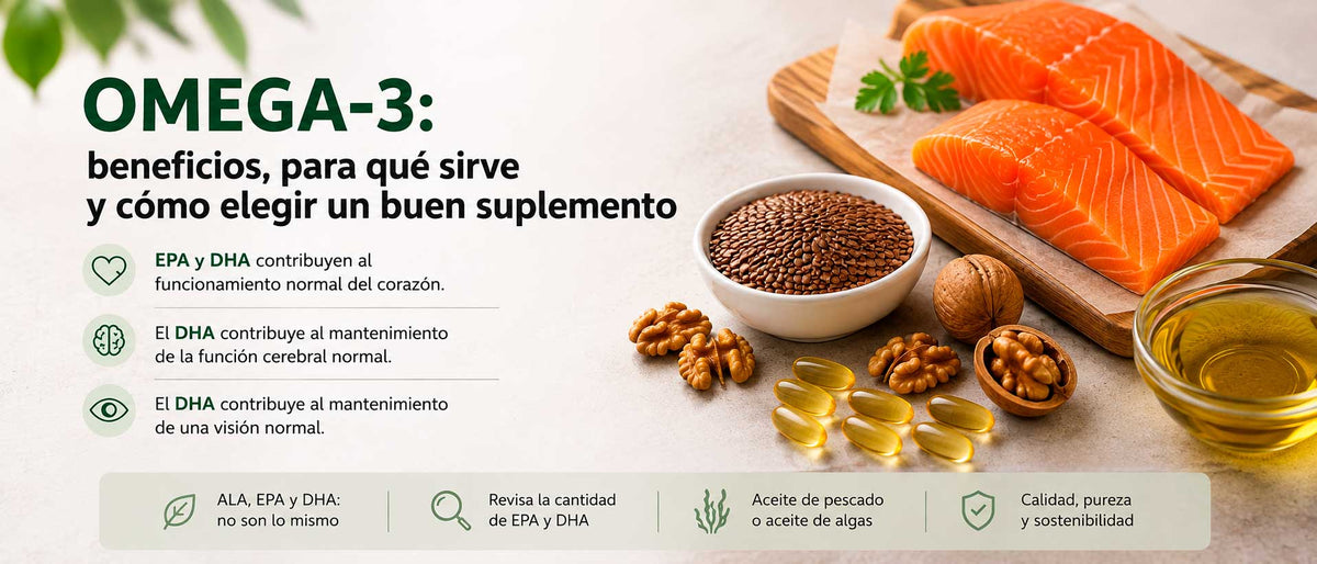 Alimentos ricos en omega-3 con salmón, nueces, semillas y cápsulas de suplemento