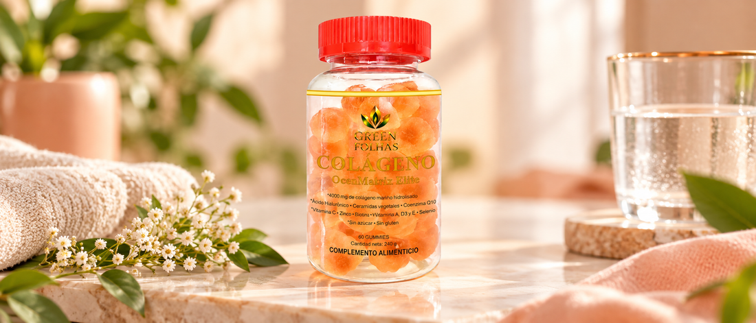 Colágeno OcenMatrix Elite de Green Folhas en formato gominolas, presentado en un entorno de bienestar y cuidado personal