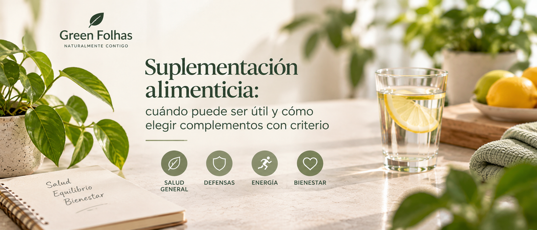 Gominolas de vitaminas y suplementos alimenticios Green Folhas con frutas y elementos de vida saludable.