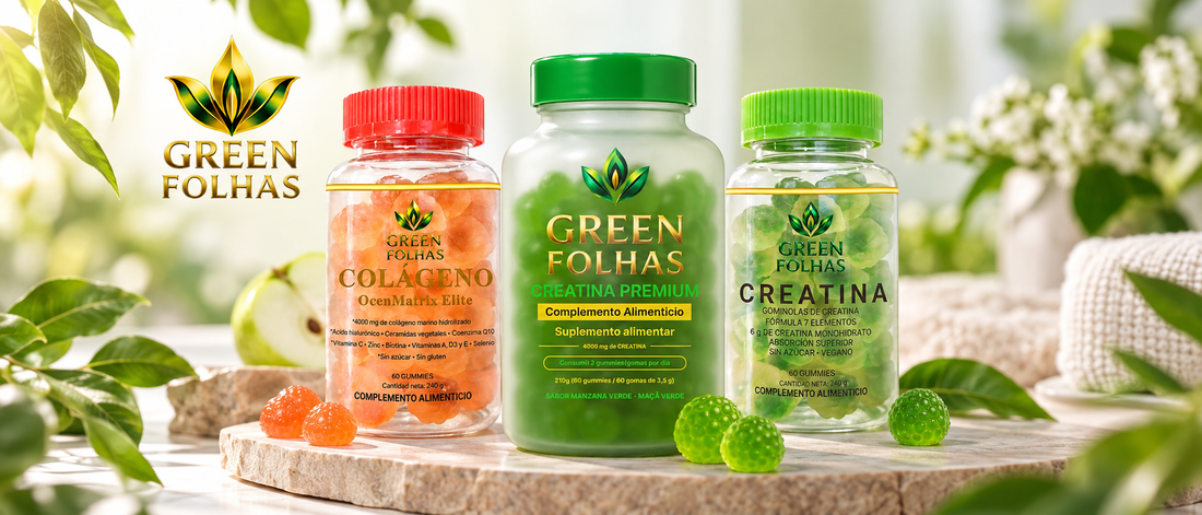 Suplementos en gominolas Green Folhas con creatina y colágeno para distintos objetivos de suplementación.