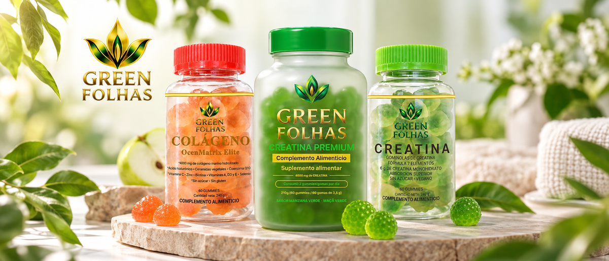 Suplementos en gominolas Green Folhas con creatina y colágeno para distintos objetivos de suplementación.