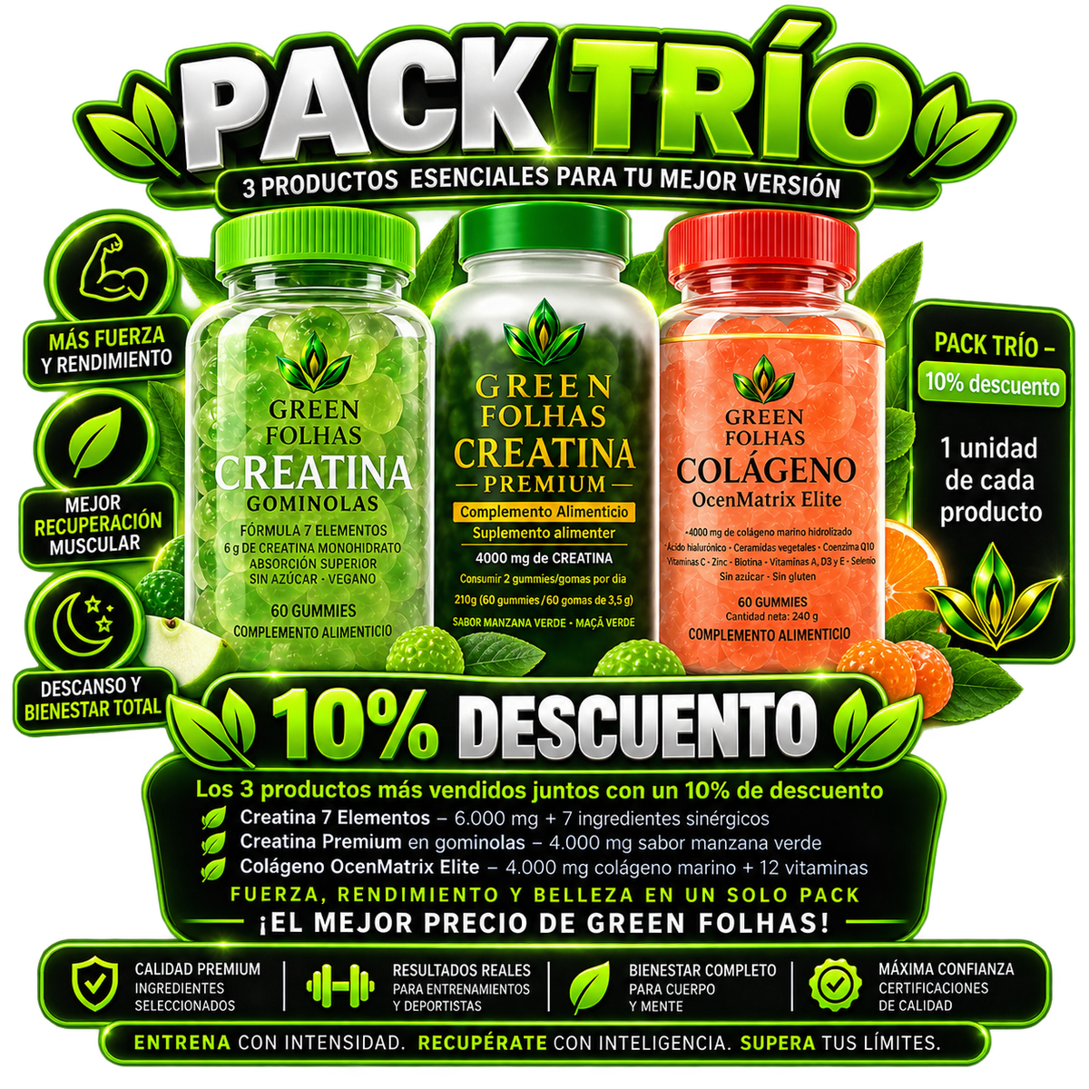 PACK TRÍO Creatina 7 + Colageno + Creatina Premium